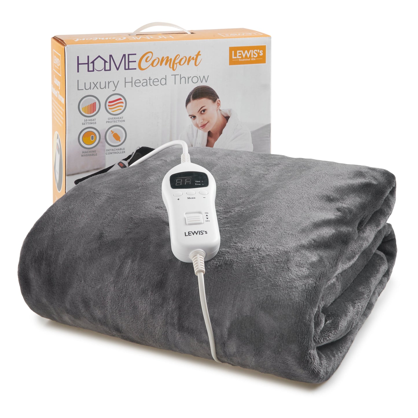 LEWIS'S Luxury Electric Heated Fleece Throw Blanket 130CM x 160CM Grey or Dark Charcoal