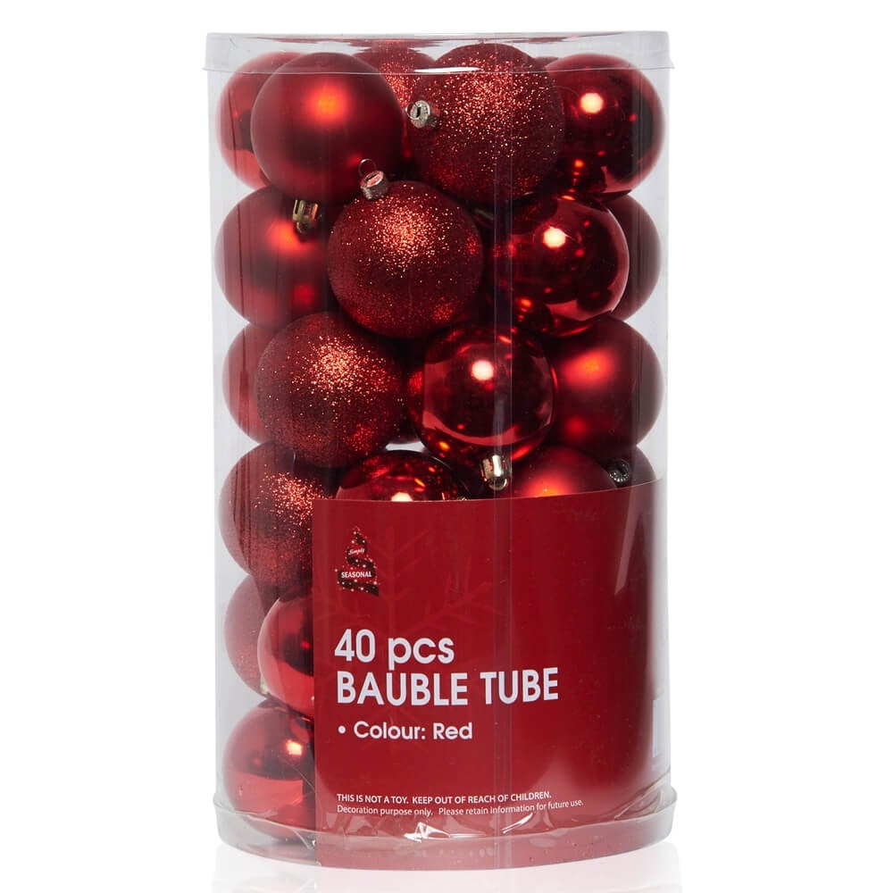 Simply Seasonal 40 Piece Red Baubles Tube Christmas Xmas Glitter Tree Decoration