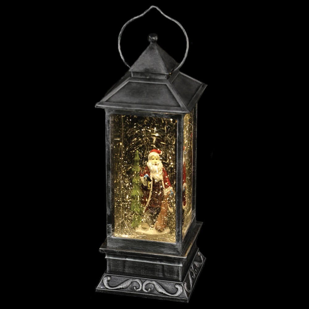 Christmas Sparkle Water Snowstorm Lantern with Christmas Tree and Santas Sleigh 28.5cm in Silver