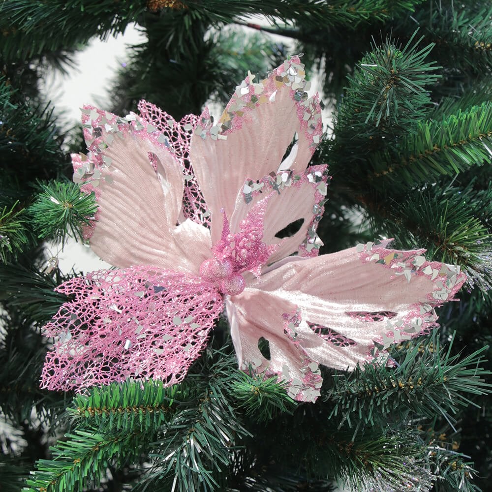 Velvet & Glitter Poinsettia Clip Christmas Decoration - Pink