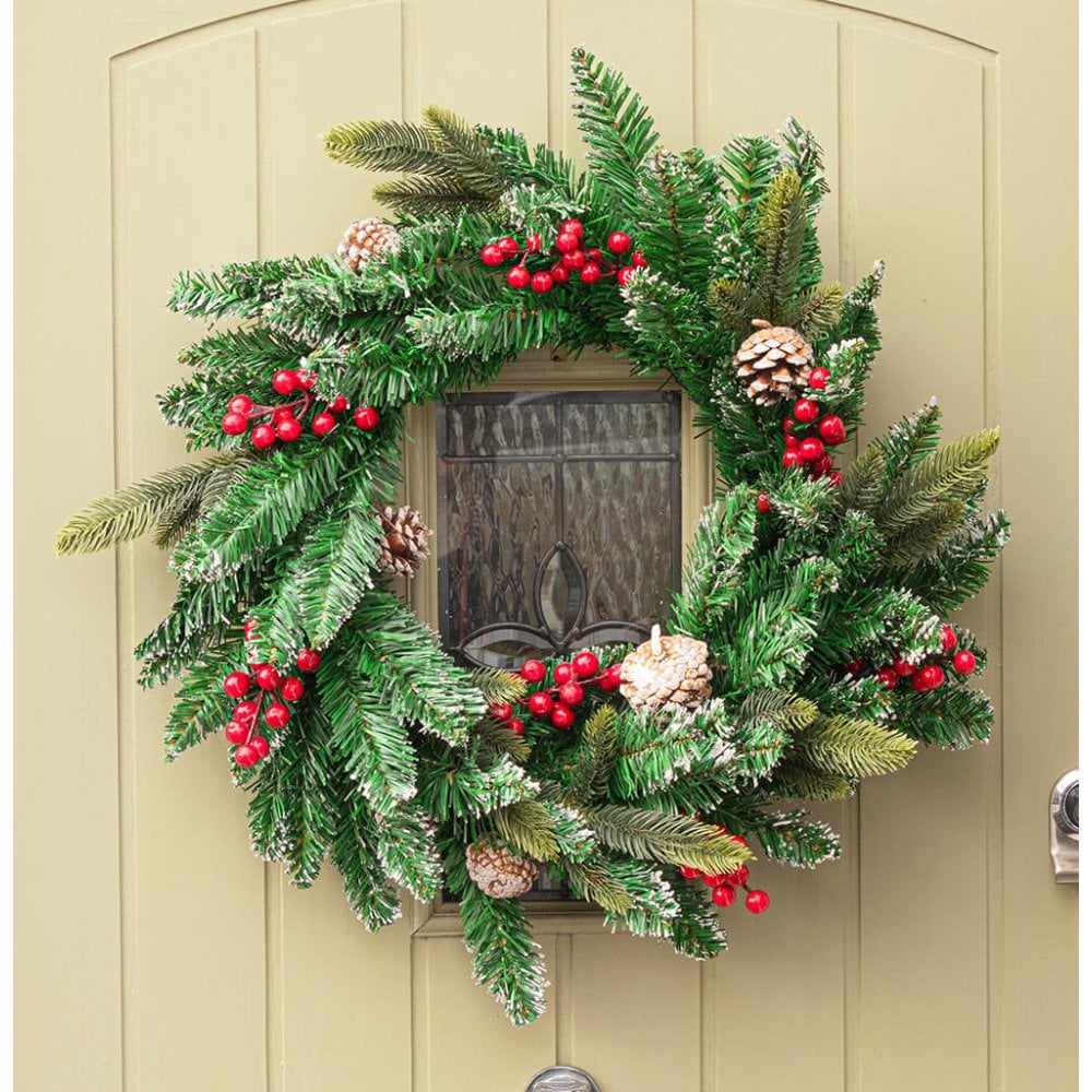 Christmas Sparkle Wreath with Green Frost Pinecones & Berries 55cm