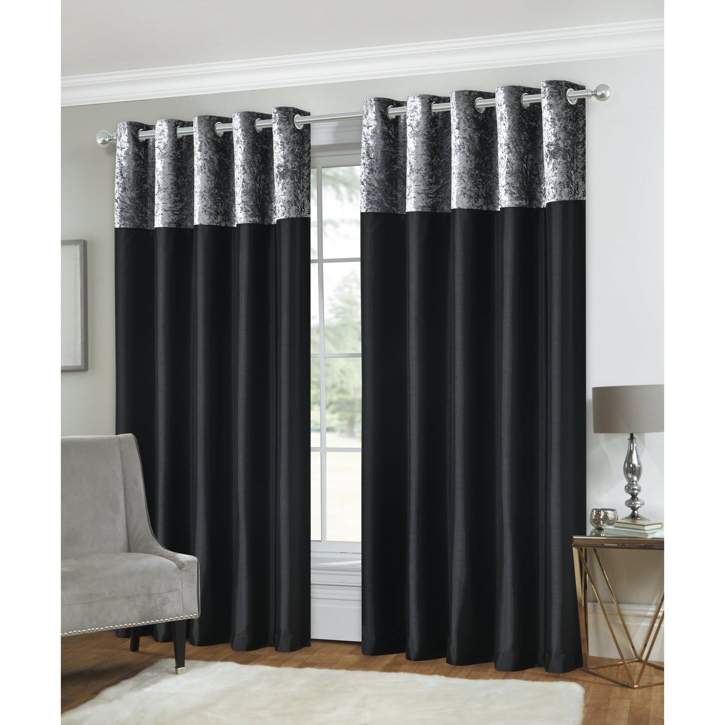 Olivia Velvet Top Eyelet Curtains - Black