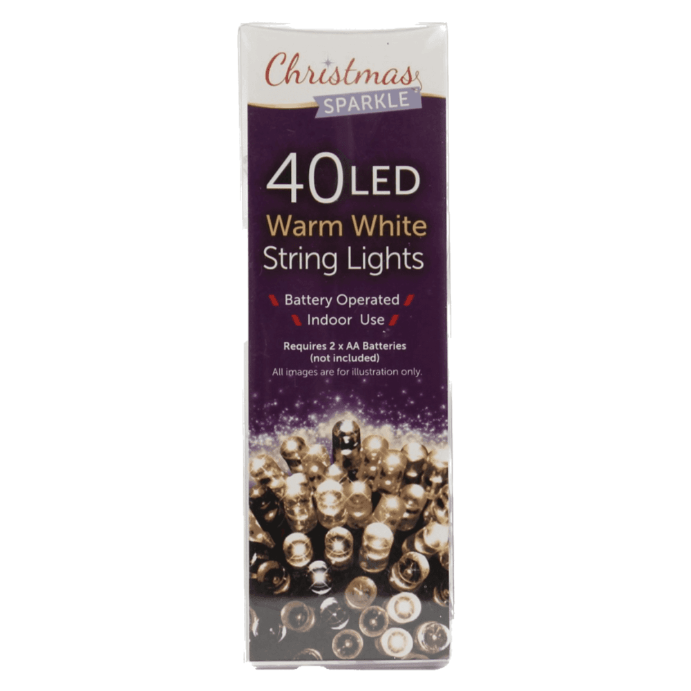 Christmas Sparkle Battery Operated String Lights with 40 Warm White LEDs for Indoor Use
