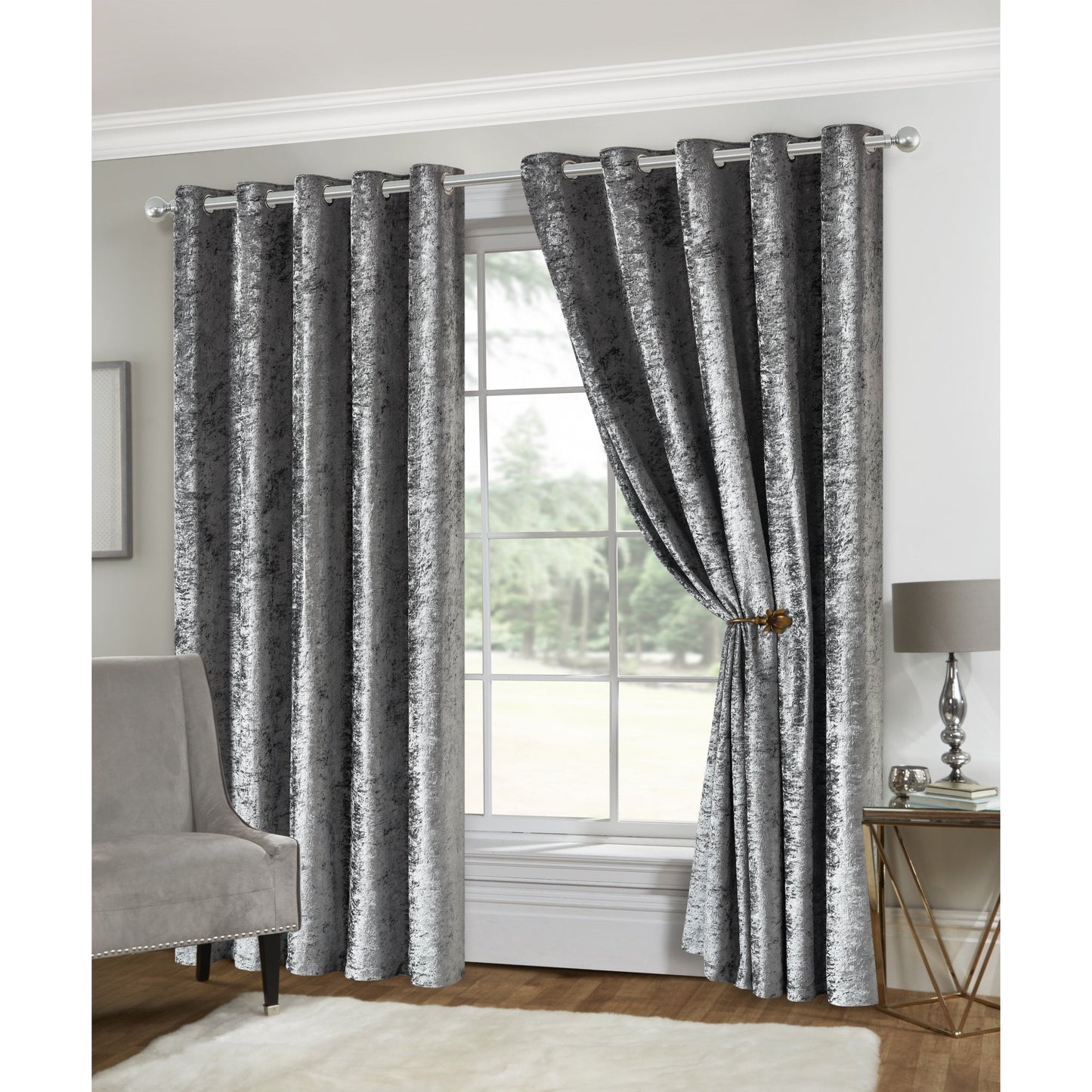 Amelia Crushed Velvet Eyelet Curtains - Silver