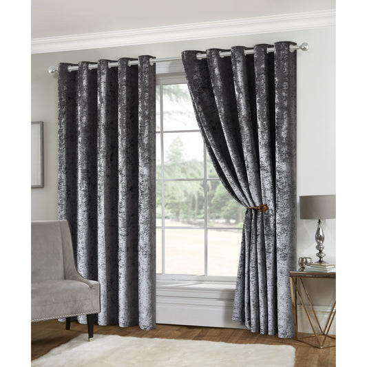Amelia Crushed Velvet Eyelet Curtains - Charcoal