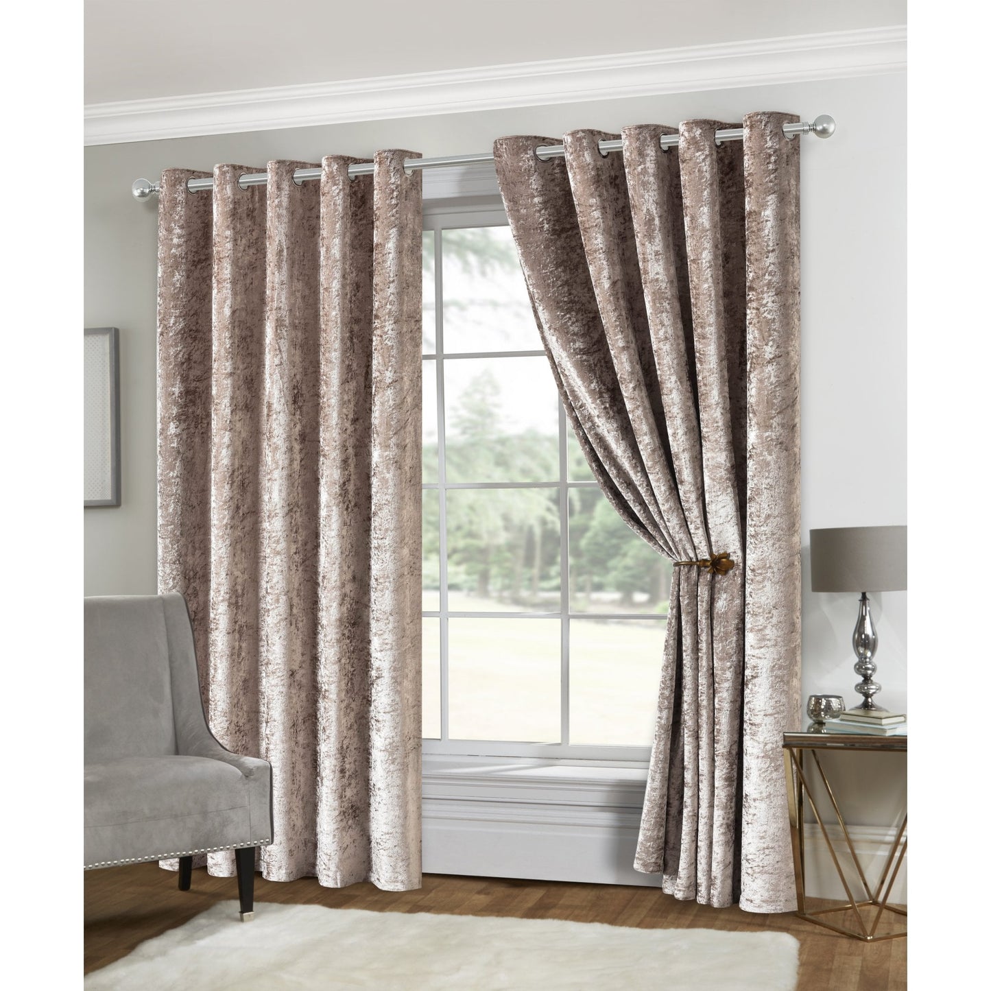 Amelia Crushed Velvet Eyelet Curtains - Mink