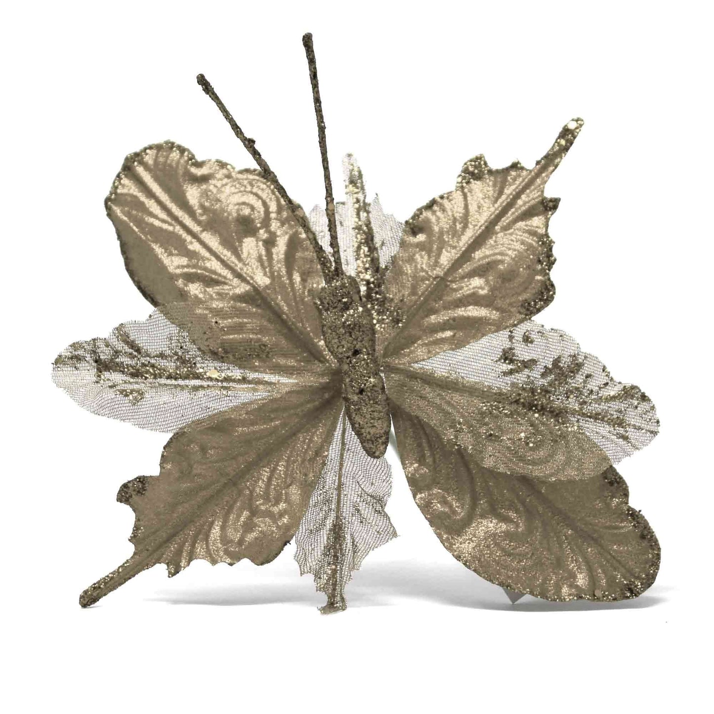Christmas Sparkle Butterfly Velvet Glitter Decoration Stem Pick 22x18cm in Champagne