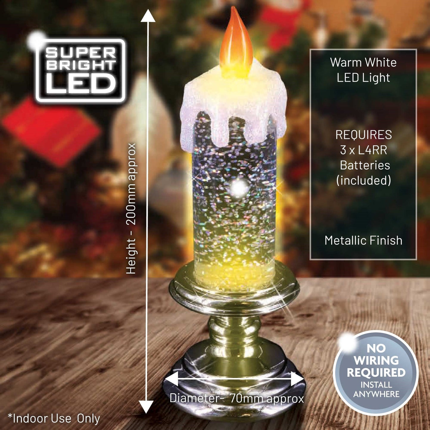 Christmas Sparkle Water Snowstorm Spinner Candle with Light Glitter - 20cm Silver with Warm White LED