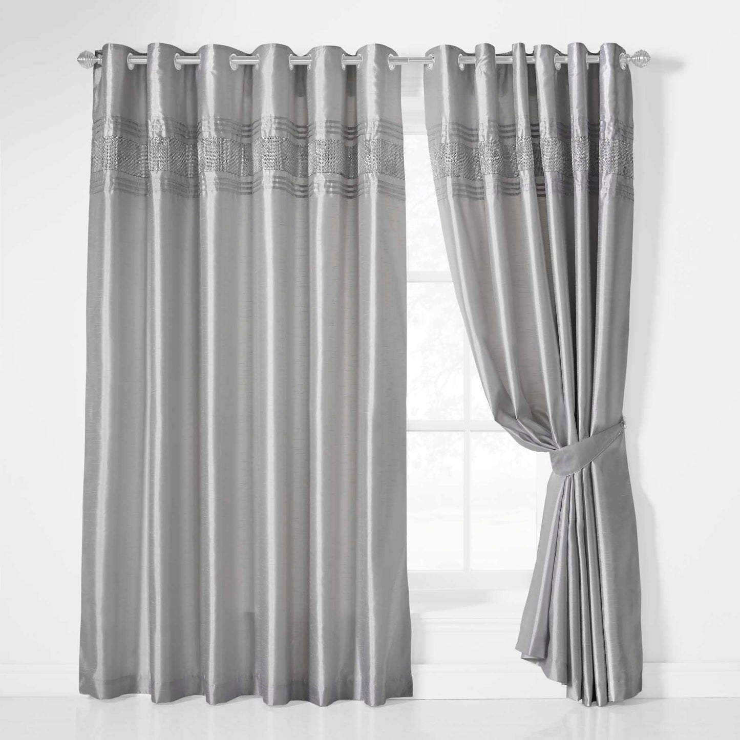 Cannes Faux Silk Pintuck Embellished Eyelet Curtains - Silver