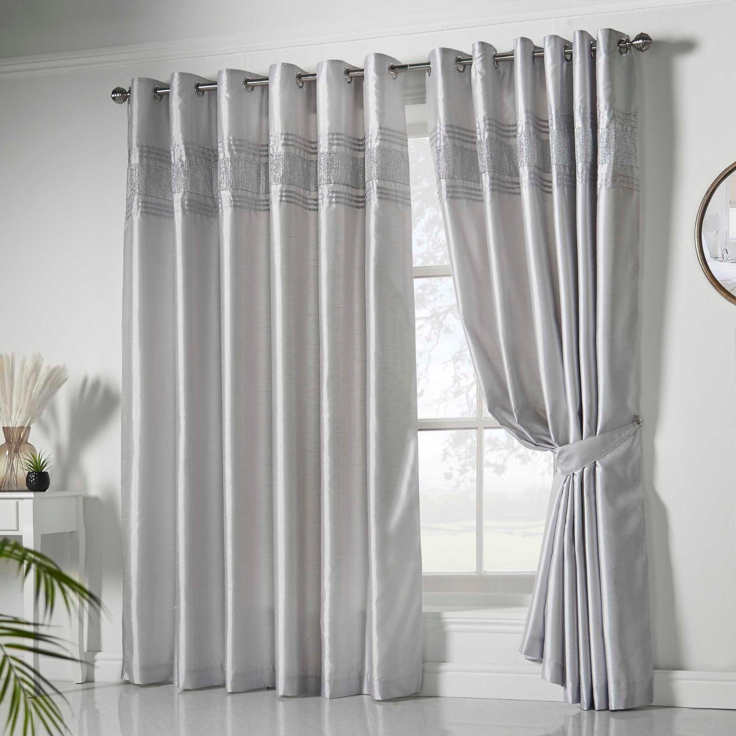 Cannes Faux Silk Pintuck Embellished Eyelet Curtains - Silver