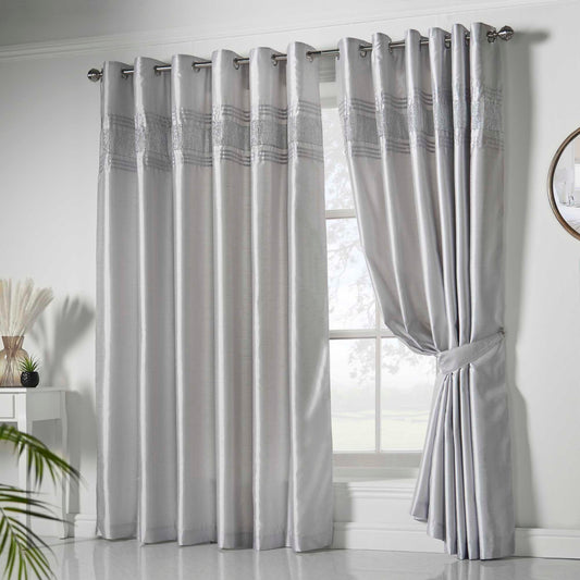 Cannes Faux Silk Pintuck Embellished Eyelet Curtains - Silver