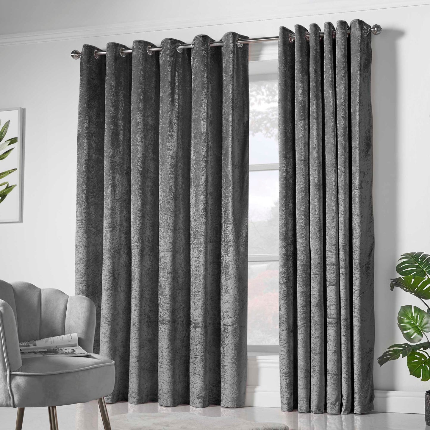 Amelia Crushed Velvet Eyelet Curtains - Charcoal