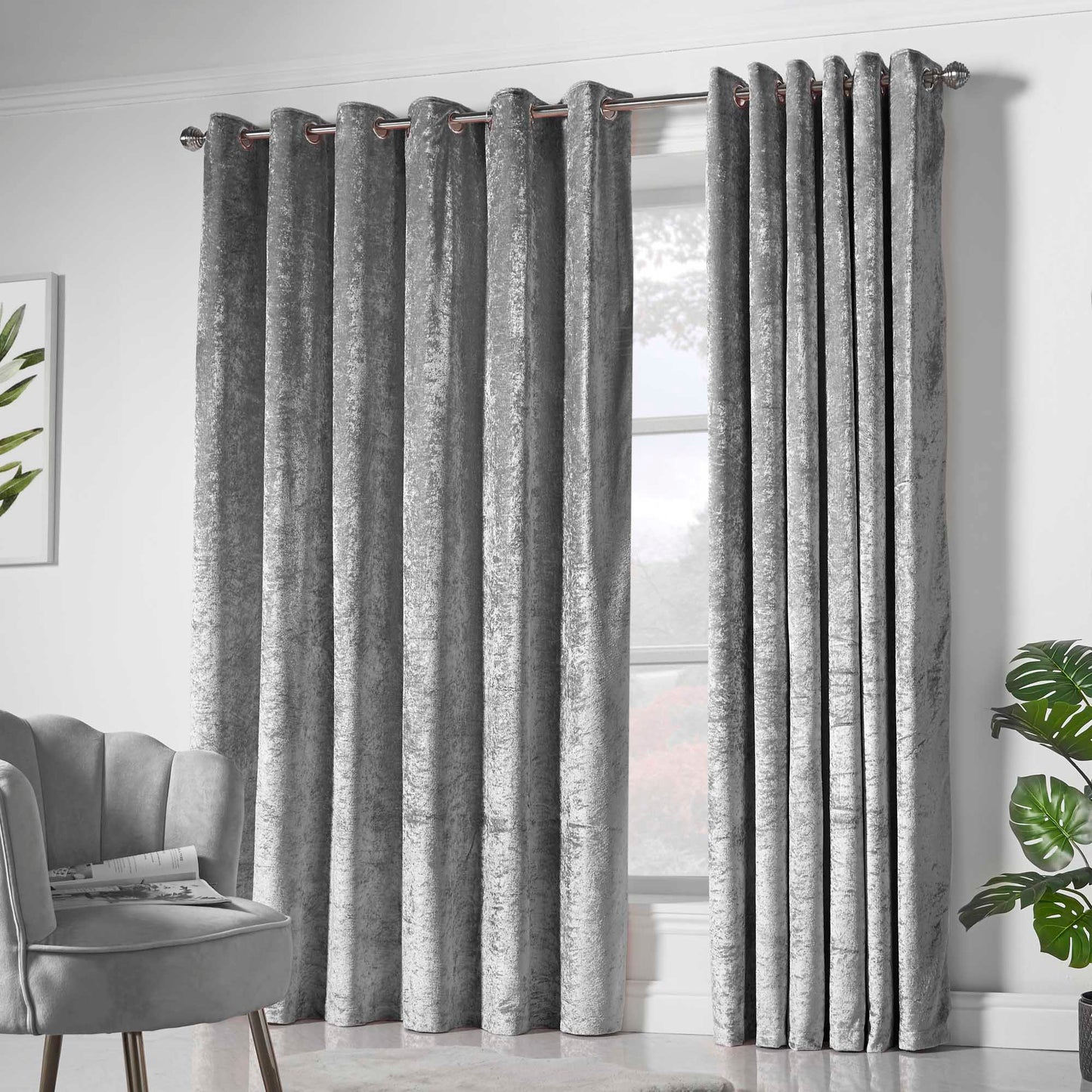 Amelia Crushed Velvet Eyelet Curtains - Silver