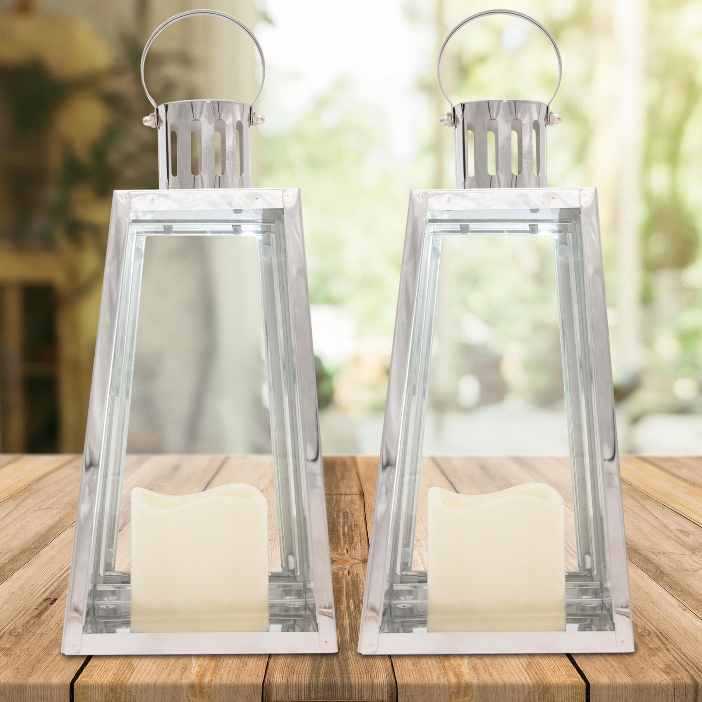 Lewis's Triangular Lanterns Candle Holders with Candles Set of 2 Large- 14.5x13.5x28.5cm