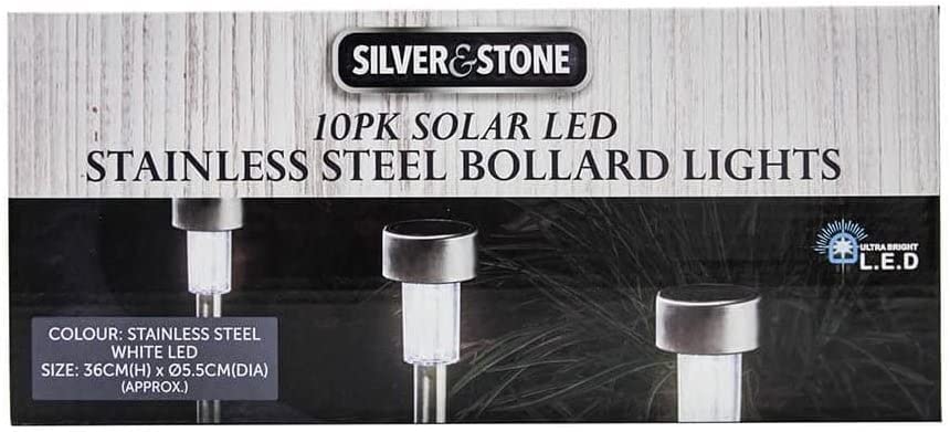 Silver & Stone Solar Powered Stainless Steel Silver Stake Lights Pack Of 10 with White LEDs