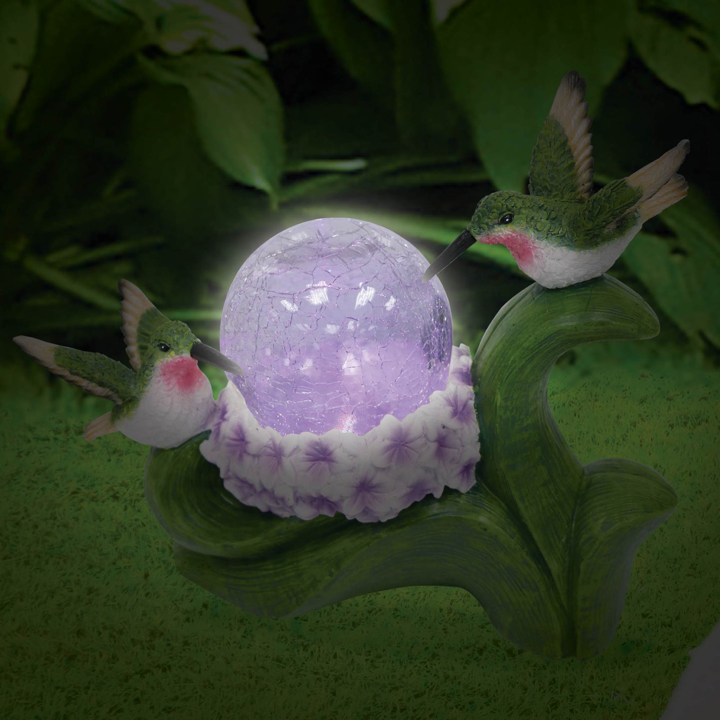 Silver & Stone Outdoor Solar Ornament Hummingbirds with Crackle Ball - Purple Flowers