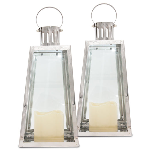 Lewis's Triangular Lanterns Candle Holders with Candles Set of 2 Large- 14.5x13.5x28.5cm