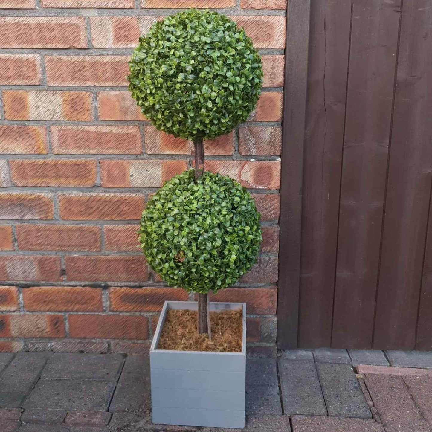 Silver & Stone Artificial Double Buxus Boxwood Ball Tree In Wooden Effect Grey Planter