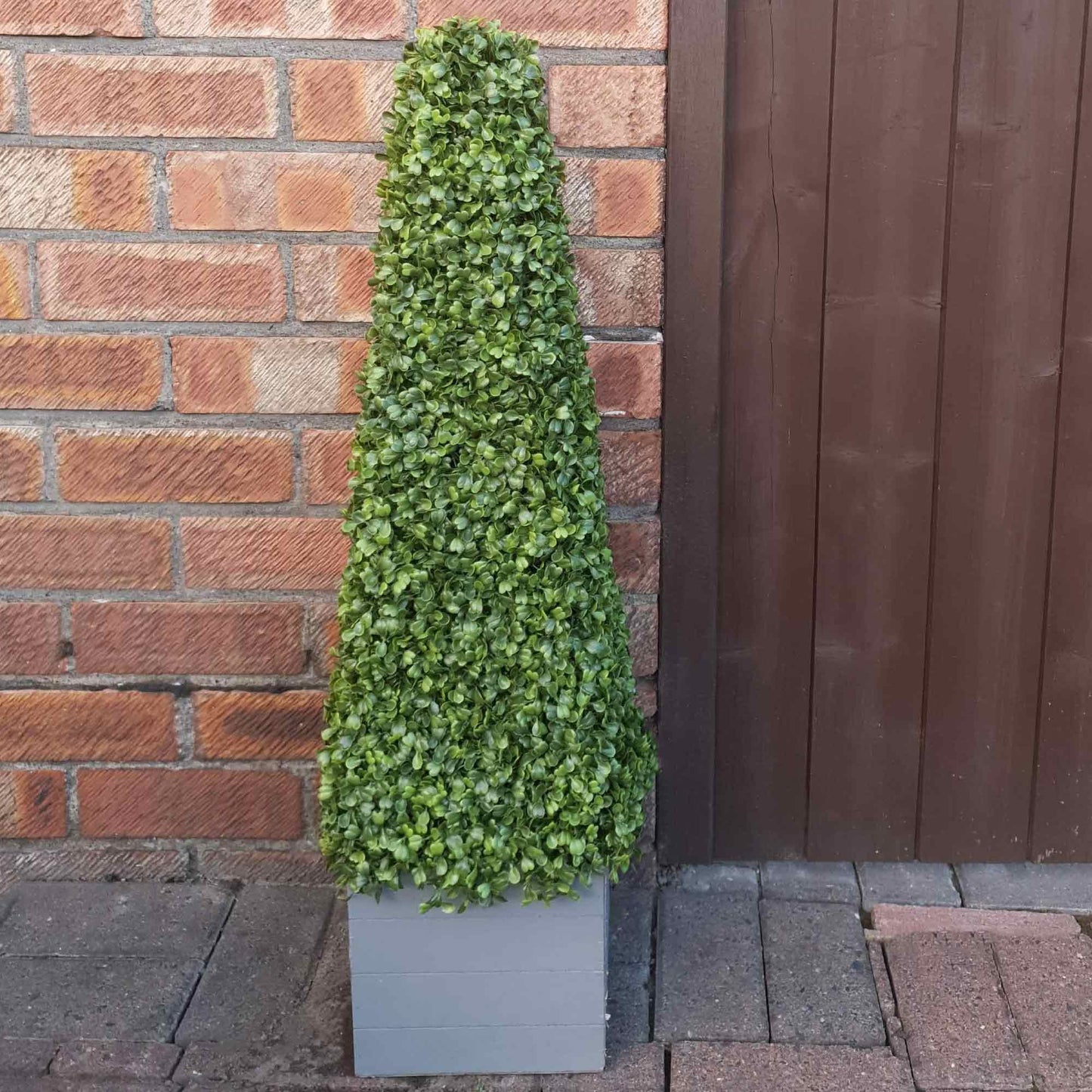 Silver & Stone Artificial Buxus Pyramid Cone With Wooden Effect Grey Planter