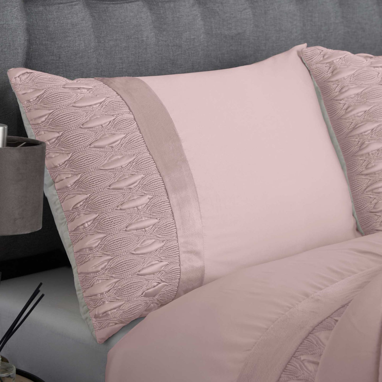 Aria Quilted Satin Panel Luxury Duvet Set - Blush Pink