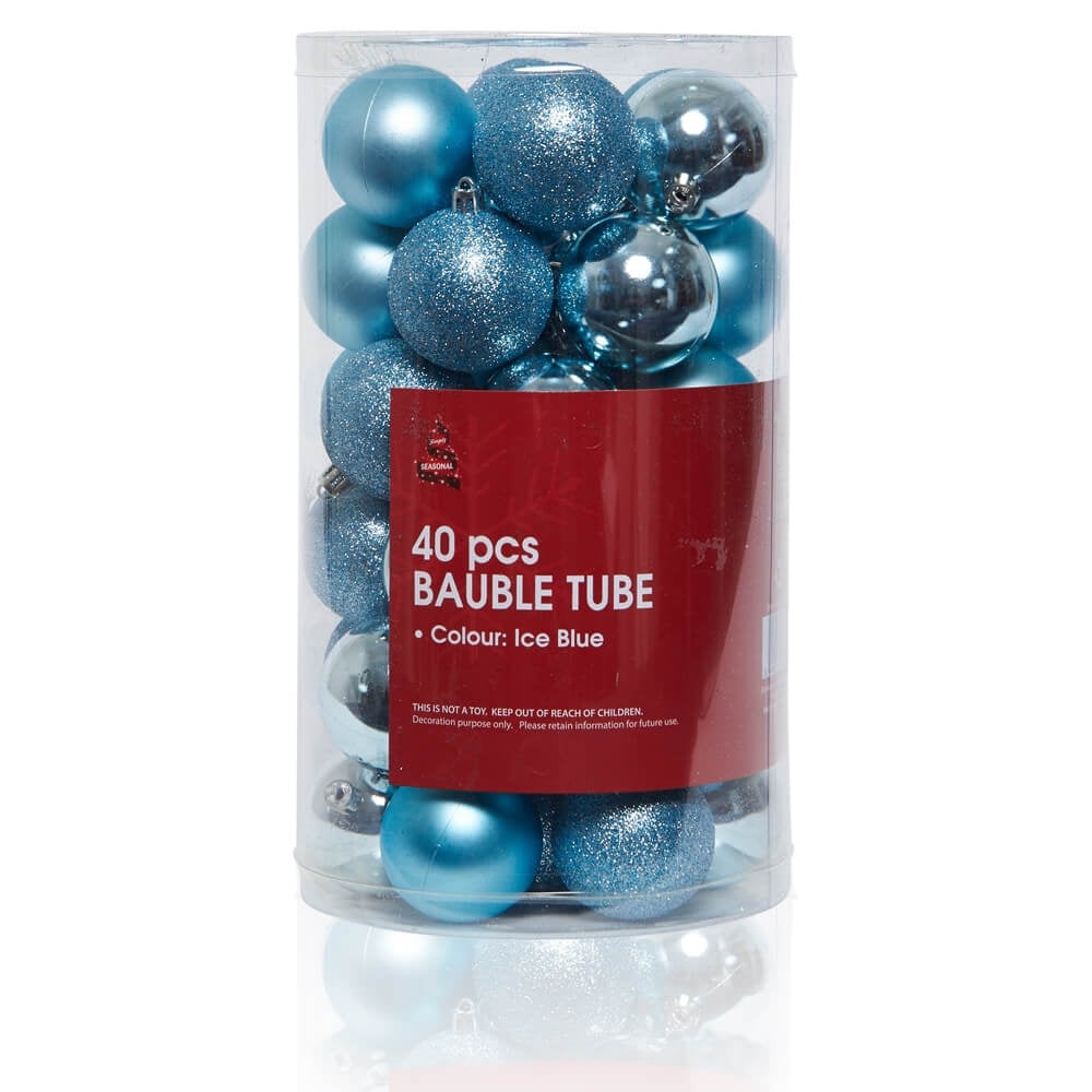 Christmas Sparkle Tube of 40 Shatterproof Baubles 6cm - Ice Blue