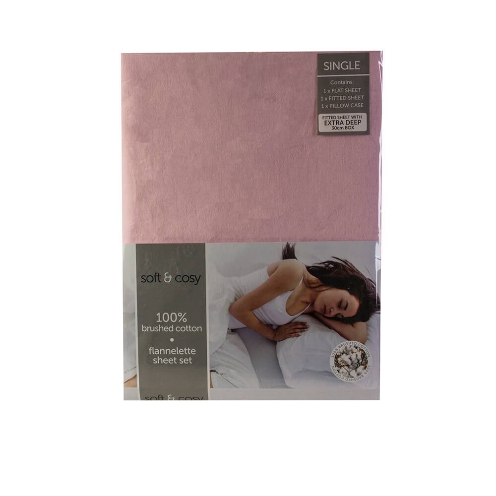 Soft & Cosy Flannelette 140g Bed Sheet Set - Pink