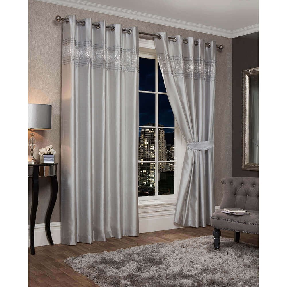 Cannes Faux Silk Pintuck Embellished Eyelet Curtains - Silver