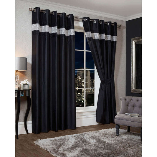 Cannes Faux Silk Pintuck Embellished Eyelet Curtains - Black