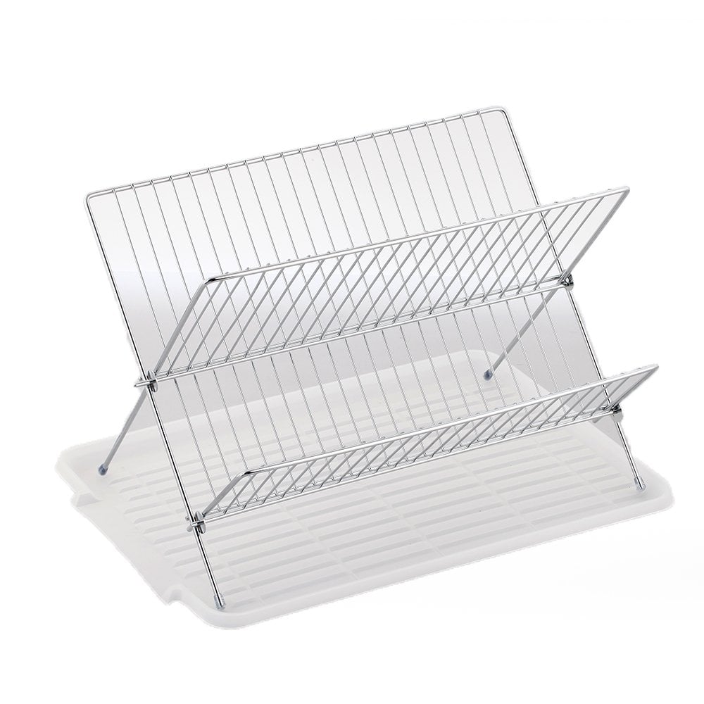 Chrome Folding Dish Drainer With Tray 2 Tier Drying Rack Silver Organiser