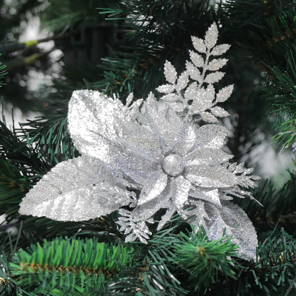 Glitter Poinsettia Christmas Decoration - Silver