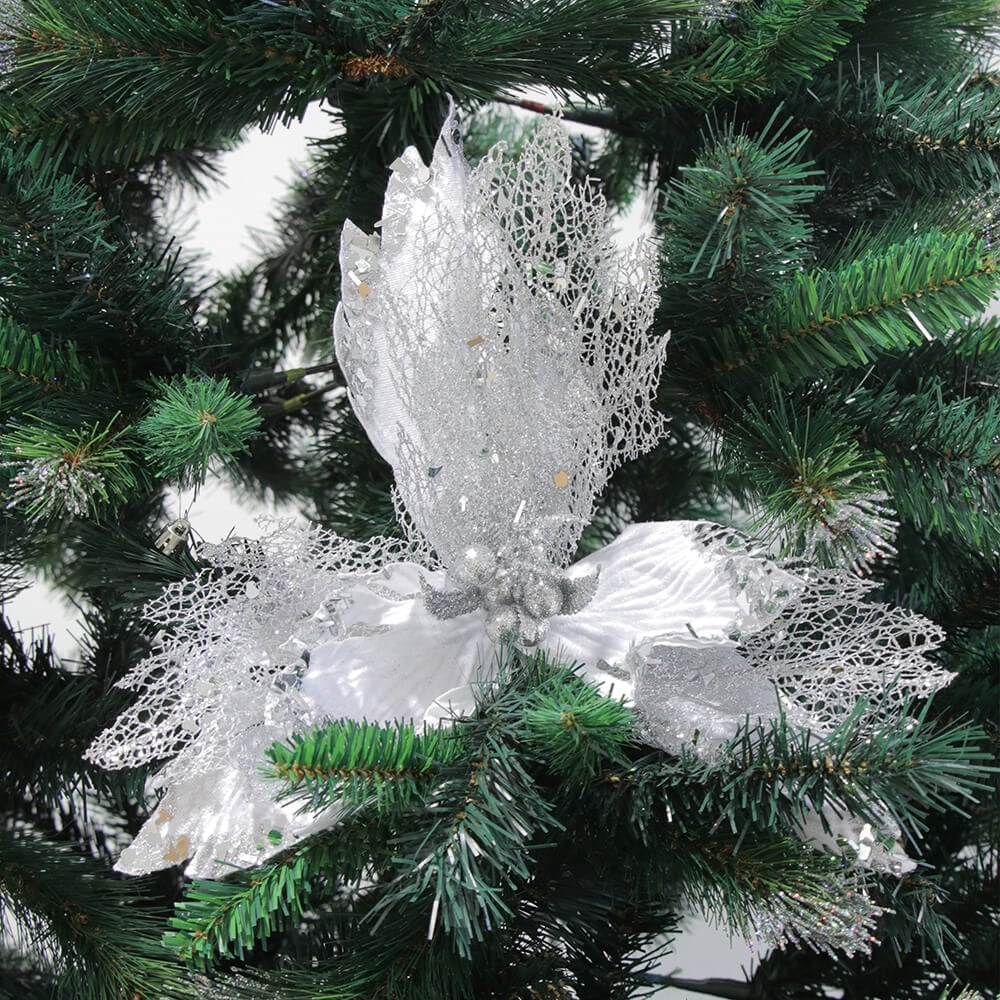 Velvet & Glitter Poinsettia Clip Christmas Decoration - Silver