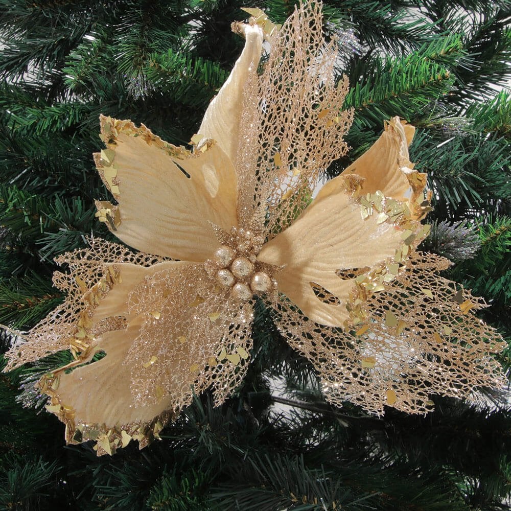 Velvet & Glitter Poinsettia Clip Christmas Decoration - Champagne