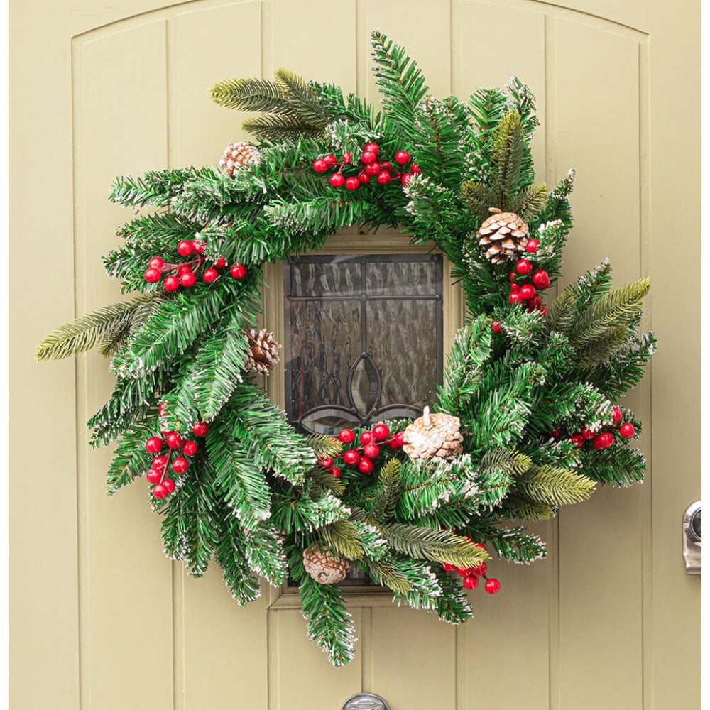 Christmas Sparkle Wreath with Green Frost Pinecones & Berries 55cm