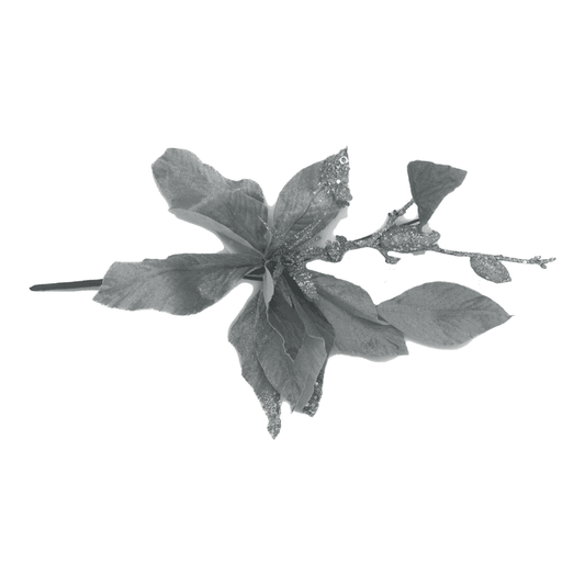 Christmas Sparkle Poinsettia Flower Decoration Stem Pick in Silver