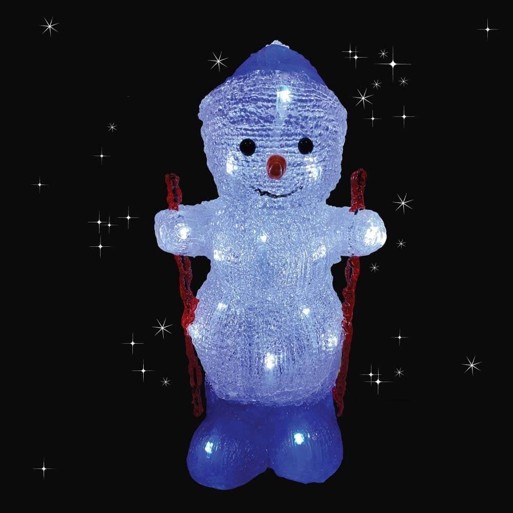 Christmas Sparkle Acrylic Skiing Snowman in White with 30 White LEDs
