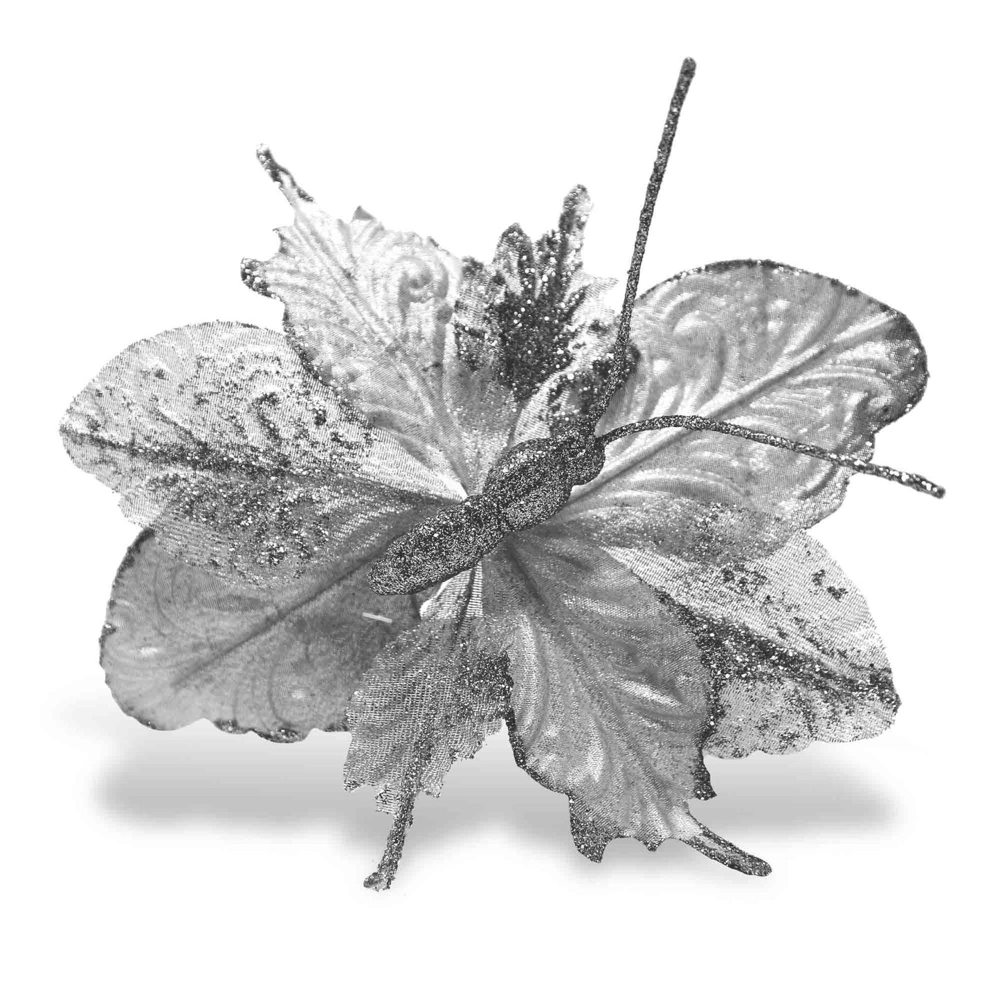 Christmas Sparkle Butterfly Velvet Glitter Decoration Stem Pick 22x18cm in Silver