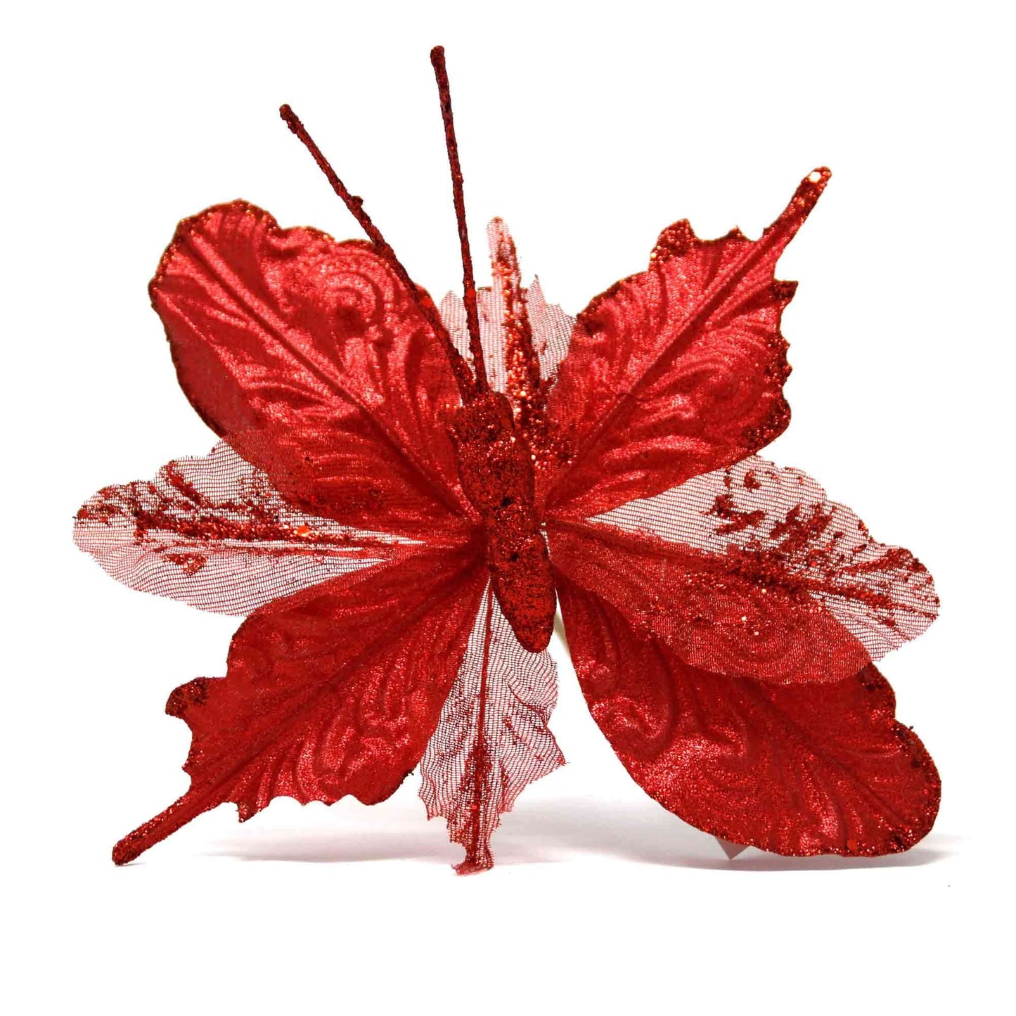 Christmas Sparkle Butterfly Velvet Glitter Decoration Stem Pick 22x18cm in Red