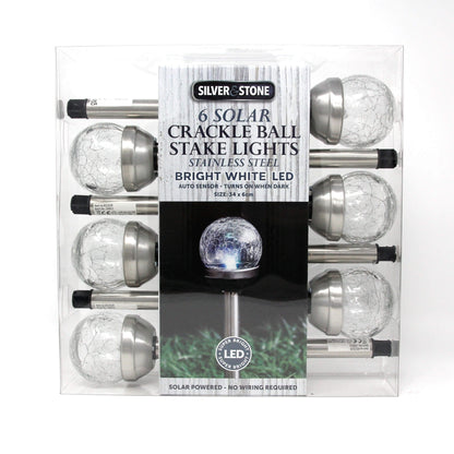 Silver & Stone Solar Powered Crackle Ball Stake Light Pack Of 6 with White LEDs