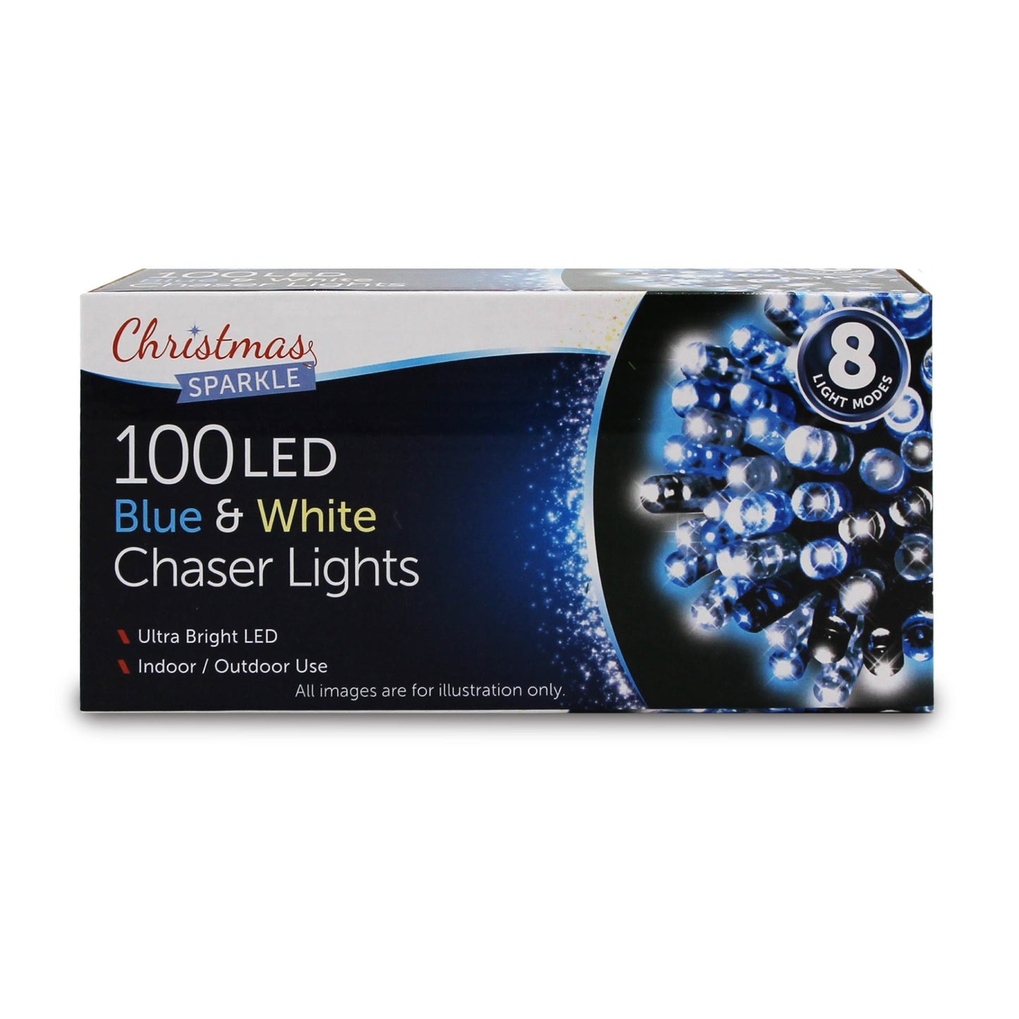 Christmas Sparkle Indoor and Outdoor Chaser Lights x 100 in Blue and White