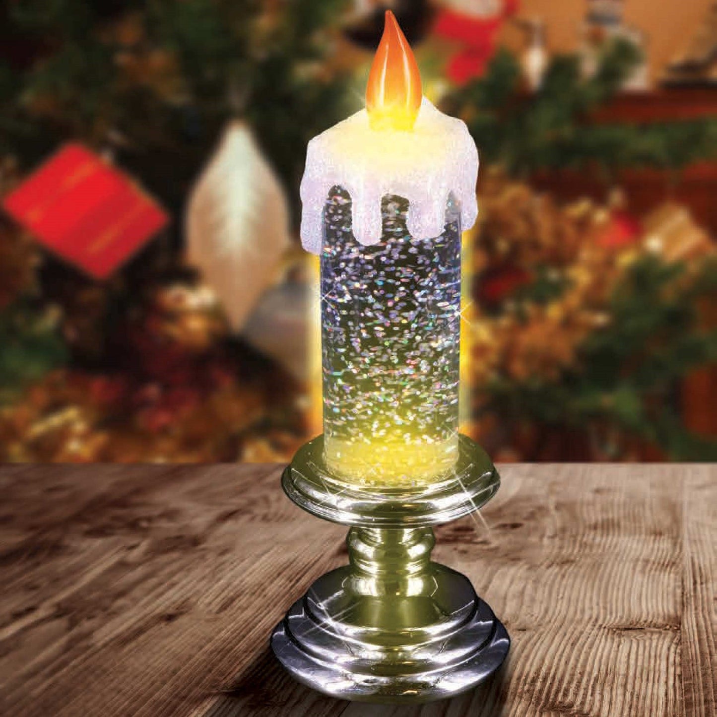 Christmas Sparkle Water Snowstorm Spinner Candle with Light Glitter - 20cm Silver with Warm White LED