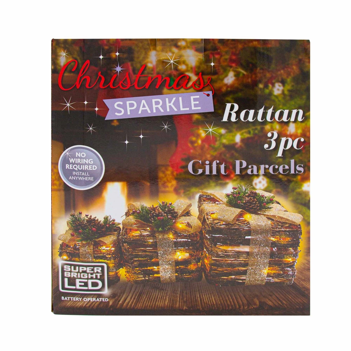Christmas Sparkle Rattan Parcels with Bow x 3 Battery Operated with 40 Warm White LEDs