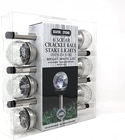 Silver & Stone Solar Powered Crackle Ball Stake Light Pack Of 6 with White LEDs