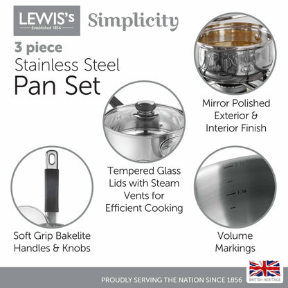 Lewis's 3 Piece Stainless Steel Pan Set with Silica Handle and Knob Home Kitchen