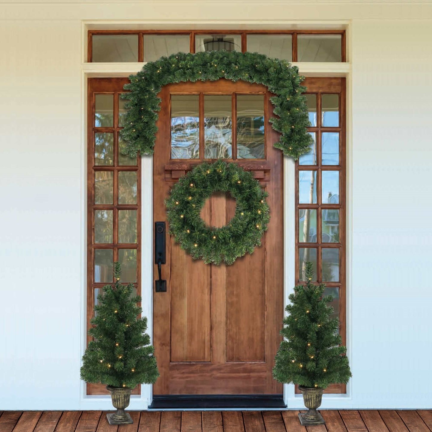 Christmas Sparkle Luxury Regal Prelit Porch Set 4 Piece Battery Operated - contains 2 x 3ft Potted Trees, 1 x 4ft Garland, 1x 40cm Wreath