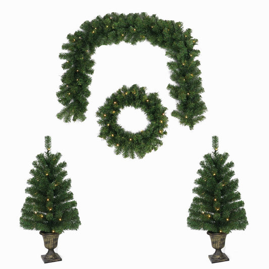 Christmas Sparkle Luxury Regal Prelit Porch Set 4 Piece Battery Operated - contains 2 x 3ft Potted Trees, 1 x 4ft Garland, 1x 40cm Wreath