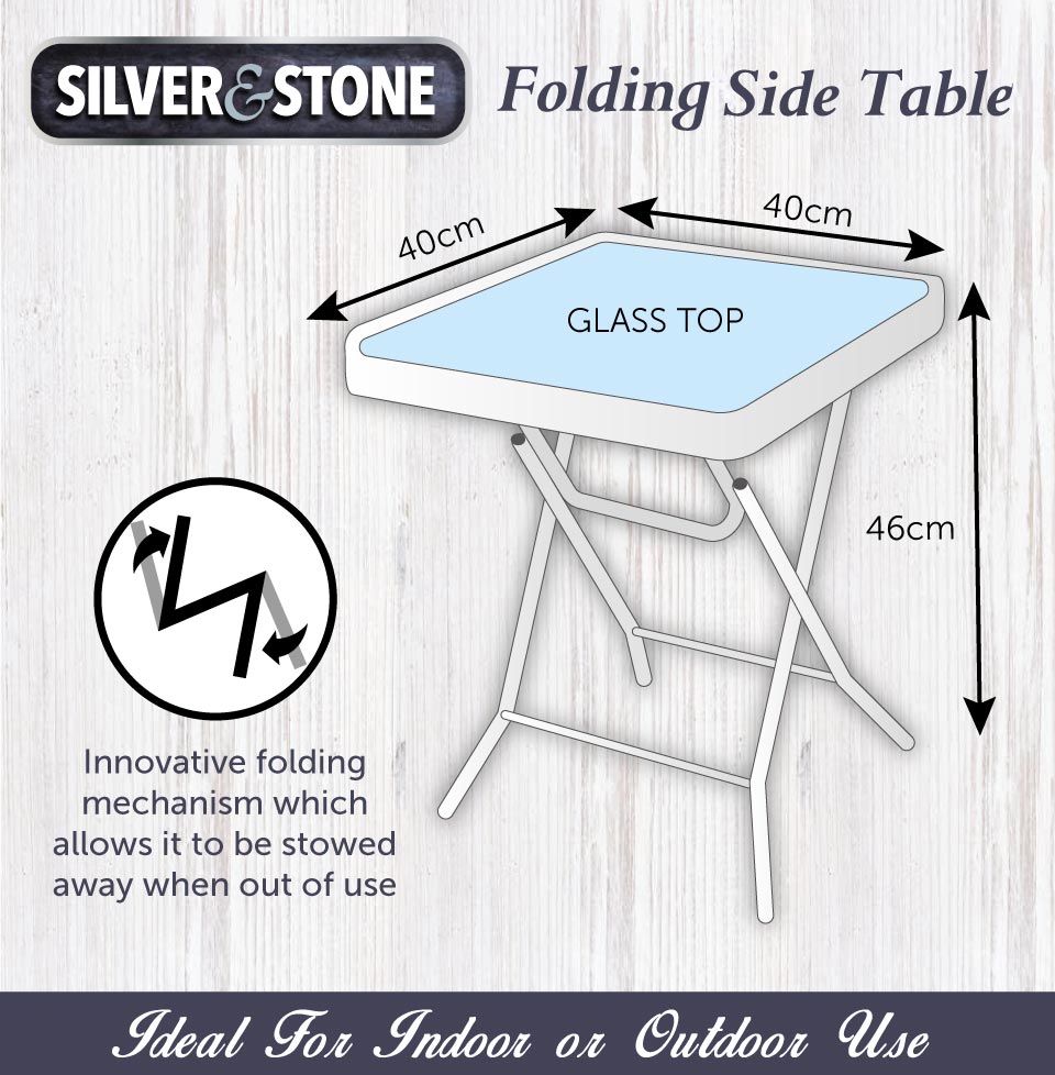 Silver & Stone Folding Side Table with Glass Top 40cm x 40cm x 46cm