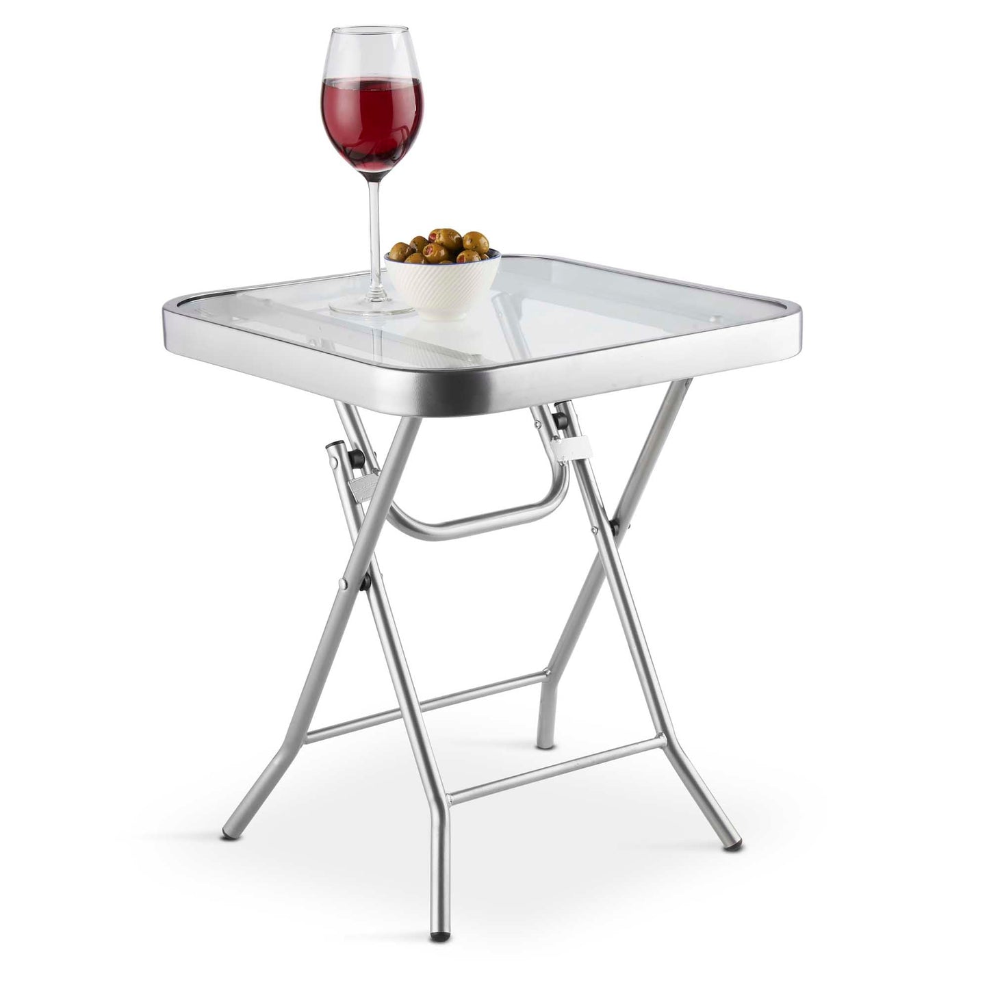 Silver & Stone Folding Side Table with Glass Top 40cm x 40cm x 46cm