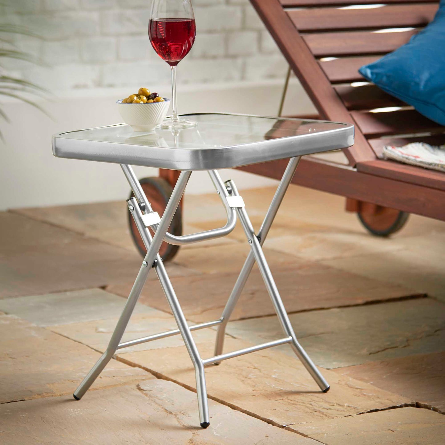 Silver & Stone Folding Side Table with Glass Top 40cm x 40cm x 46cm