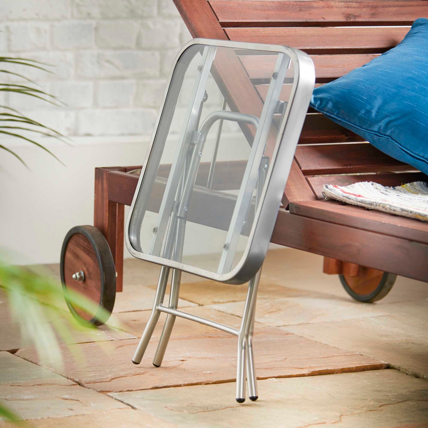 Silver & Stone Folding Side Table with Glass Top 40cm x 40cm x 46cm