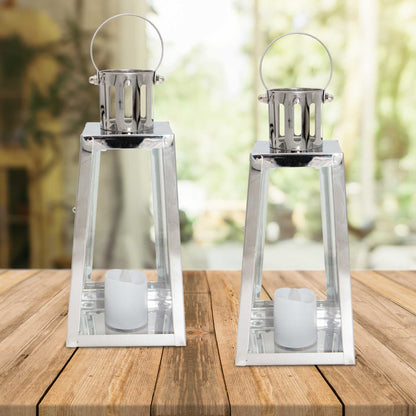 Lewis's Triangular Lanterns Candle Holders with Candles Set of 2 Medium - 10.5x10x12cm